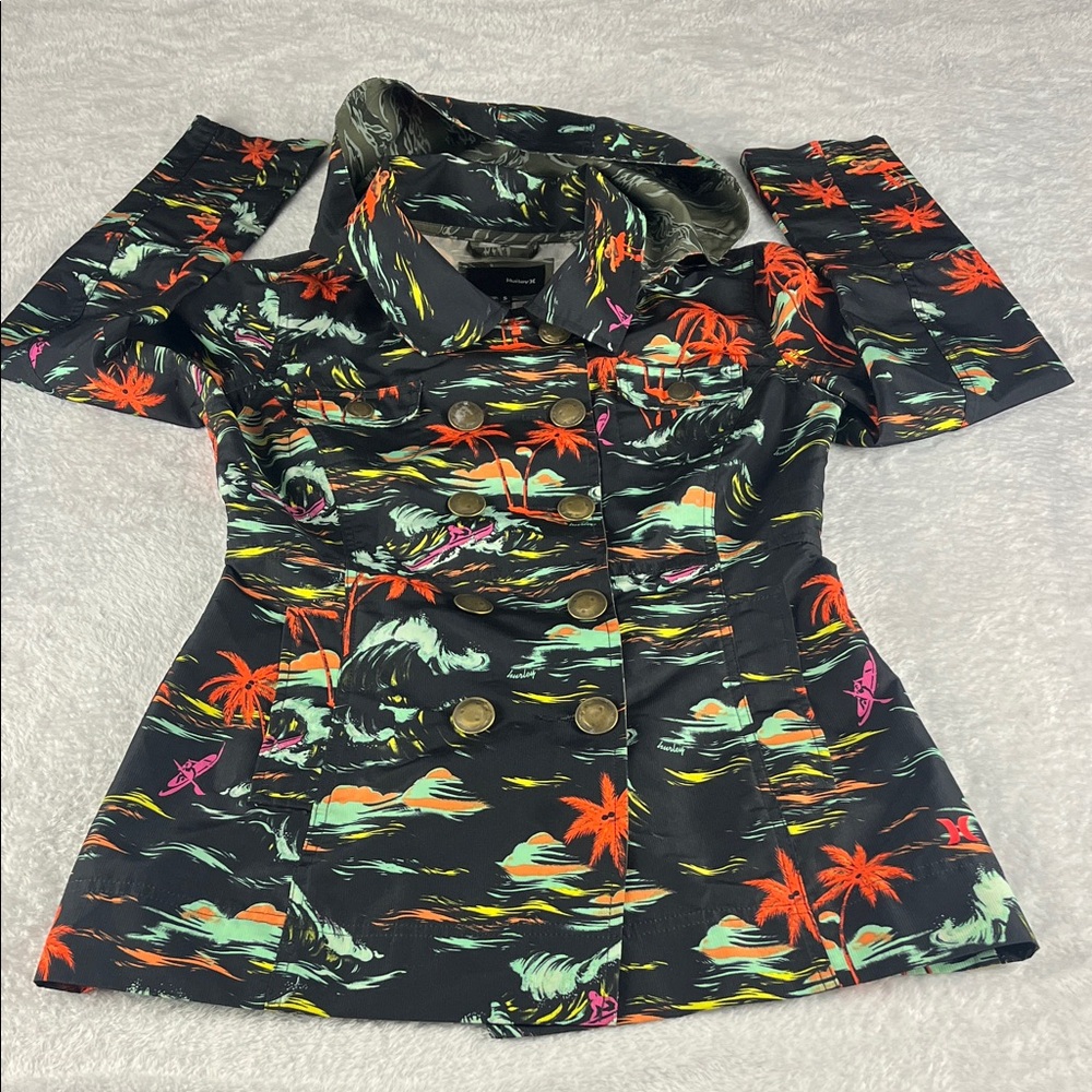 Hurley Women's Size Small Tropical Print  Double‎ Breasted Jacket w/ Hood